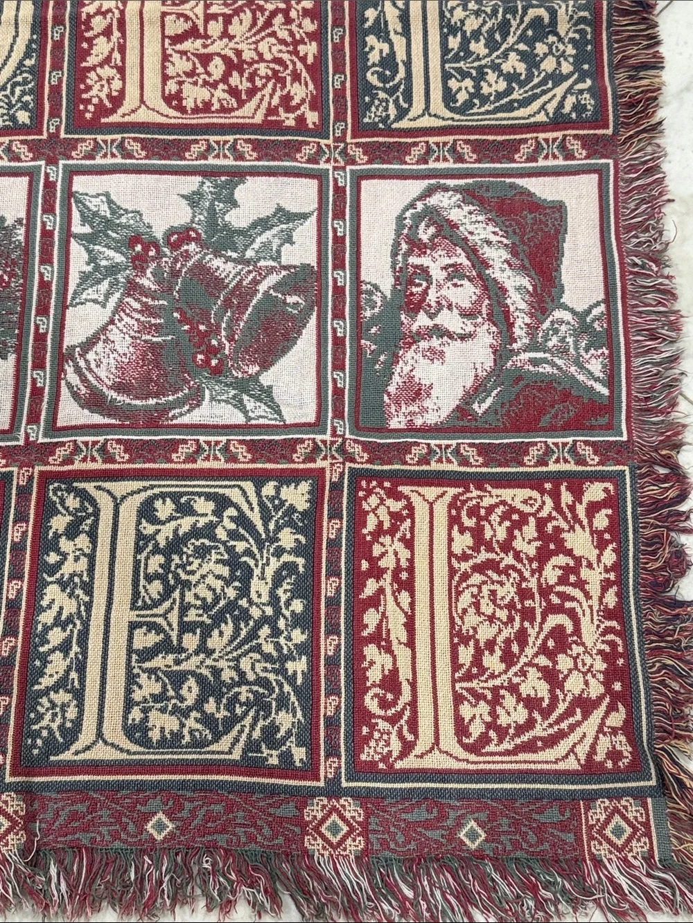 Festive Noel Santa Woven Throw Blanket - Red, Cream & Dark Green Goodwin Weavers
